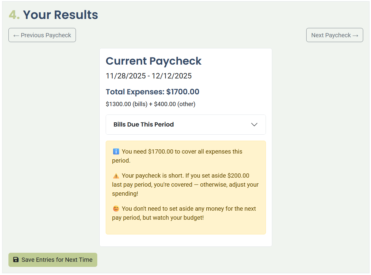 Screenshot of Biweekly Paycheck Bill Planner tool shows a list of bills due during the next pay period, totaling $1700 when we are only paid $1500.
