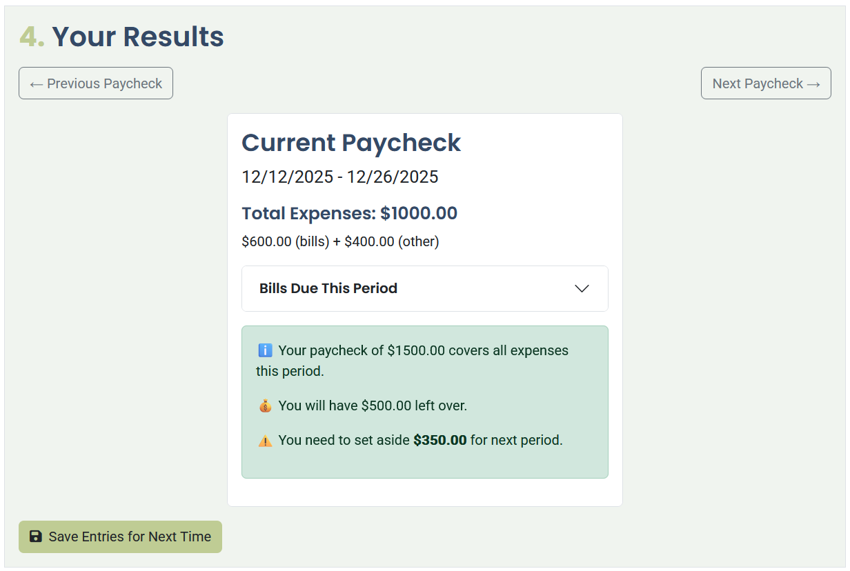 Screenshot of Biweekly Paycheck Bill Planner tool shows a list of bills due during the third pay cycle, totaling $1000, signifying that the paycheck dates are shifting relative to the bill due dates.