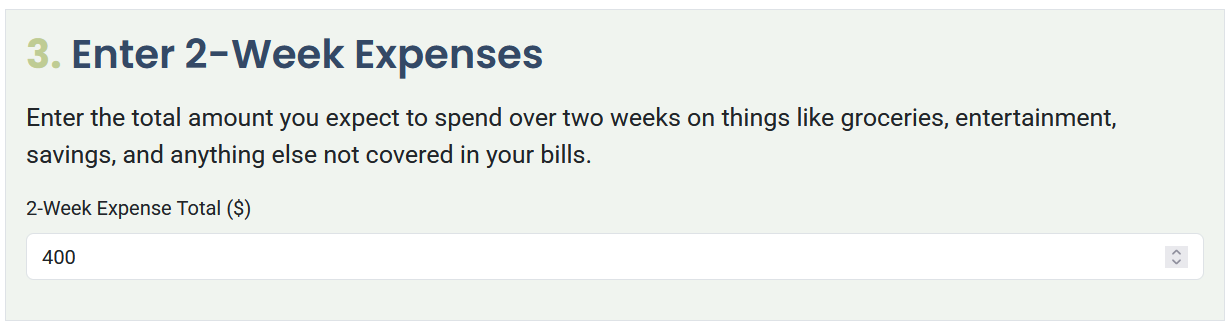Screenshot of Biweekly Paycheck Bill Planner tool shows $400 allotted to groceries and other spending per pay period.